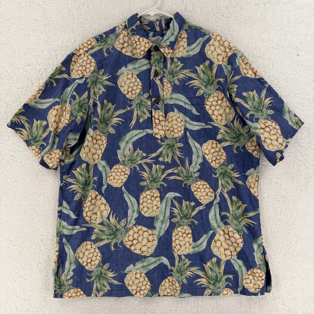 Bishop St. Apparel Shirt Mens XL Blue Pineapple Hawaiian Short Sleeve Button‎ Up